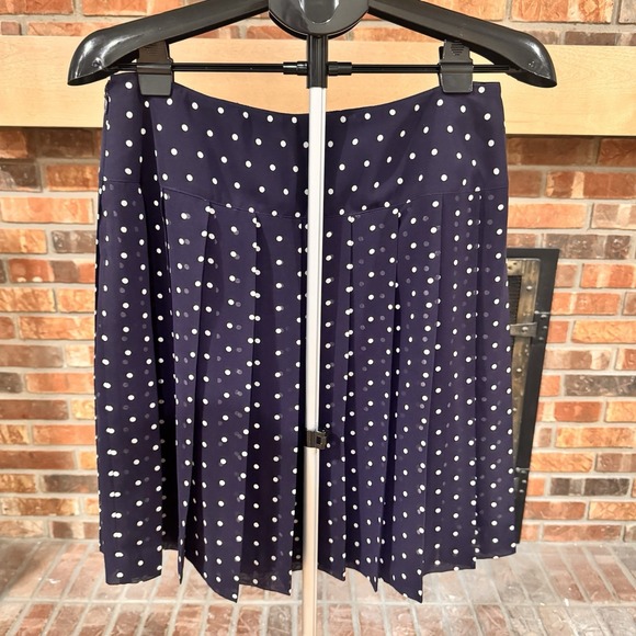 Navy Blue White Polka Dot Pleated Skirt Lined Classic Preppy Workwear 10P - Picture 4 of 7